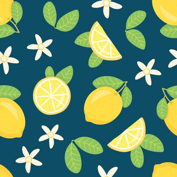 Zitronen Nahtlose Muster Mit Blättern Zitrusfrüchte Ganze Zitrone Zitronenkeil Halbe — Stockvektor