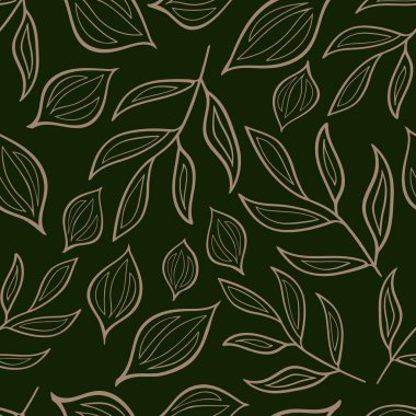 Kusursuz bir geçmişi var. Koyu yeşil arka planda bir kontur yaprağı deseni. Kumaş desenleri, hediye ambalajı, dekorasyon. Serbest çizim. Vektör illüstrasyonu.