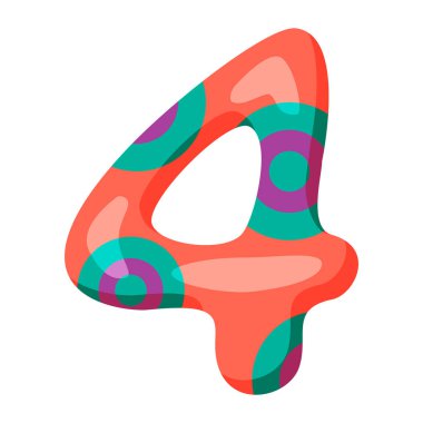 Dört numara. Çocuklar için 4 numaralı renkli çizgi film. Tebrik kartı şablonu, dersleri saymak için renkli numara, tatiller. Vektör illüstrasyonu beyaz arkaplanda izole edildi.