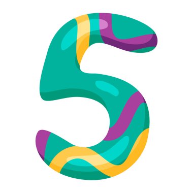 Beş numara. Çocuklar için 5 numaralı renkli çizgi film. Tebrik kartı şablonu, dersleri saymak için renkli numara, tatiller. Vektör illüstrasyonu beyaz arkaplanda izole edildi.