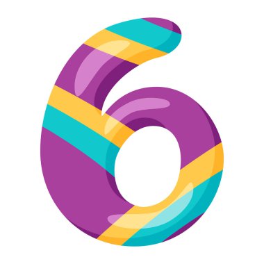 Altı numara. Çocuklar için 6 numaralı renkli çizgi film. Tebrik kartı şablonu, dersleri saymak için renkli numara, tatiller. Vektör illüstrasyonu beyaz arkaplanda izole edildi.