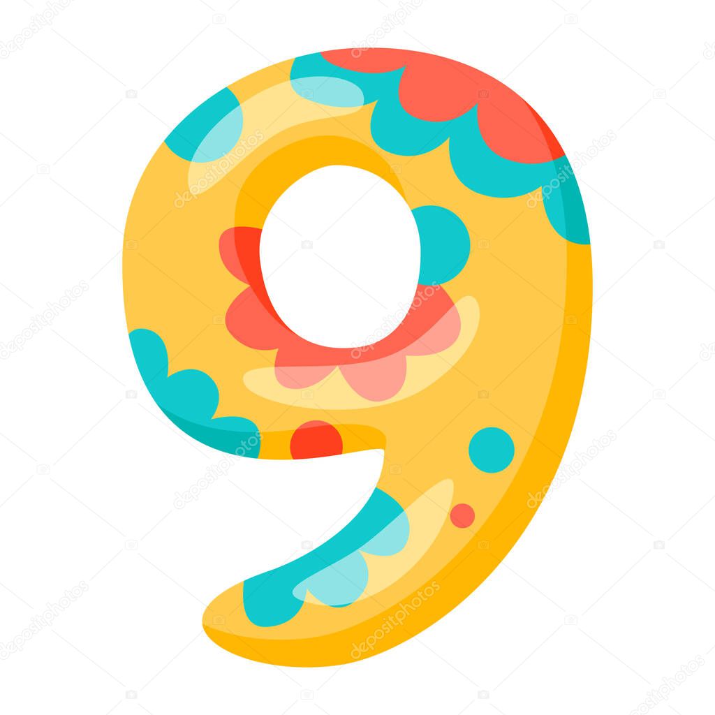 Number nine. Colored cartoon number 9 for kids. Greeting card template, colorful number for counting studies, holidays. Vector illustration isolated on white background.