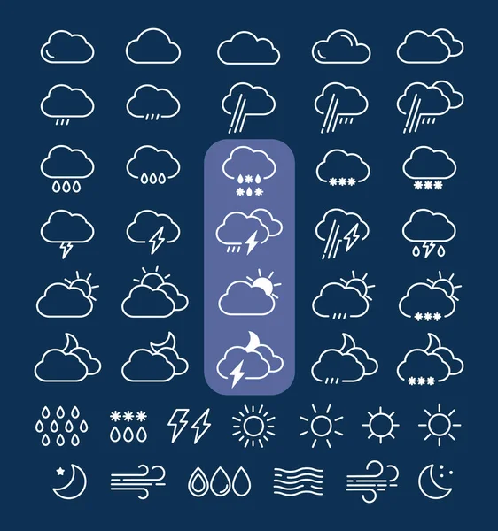 Conjunto Ícones Meteorológicos Vetoriais Símbolos Nuvens Chuva Neve Chuva Trovoada — Vetor de Stock