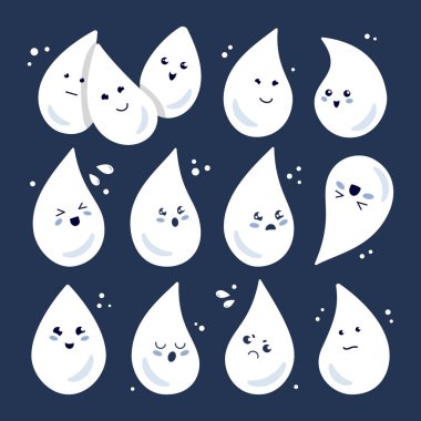 Su damlası simgeleri ayarlandı. Farklı duyguları olan düz çıkartma koleksiyonu. Çizgi film karakterleri, duygu simgeleri, emoji. Vektör illüstrasyonu.