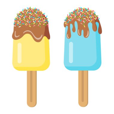 Çikolatalı dondurma. Buz şekeri. Mavi ve sarı renkli iki tatlı seti. Vektör illüstrasyonu beyaz arkaplanda izole edildi. 