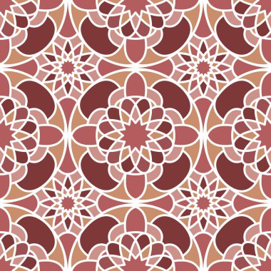 Arap geometrik süsü ile kusursuz desen. Yuvarlak Asya mozaik deseni kahverengi ve kırmızı. 