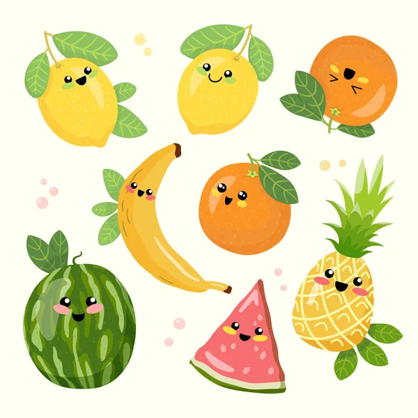 Desenhos animados frutas bonitos. Conjunto de frutas vegetarianas de verão. Melancia, abacaxi, limão, laranja, banana. Ilustração vetorial. — Vetor de Stock
