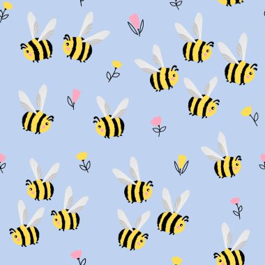 Uçan arıların kusursuz deseni. Çizgi film arıları ve çiçekler. Düz vektör illüstrasyonu.