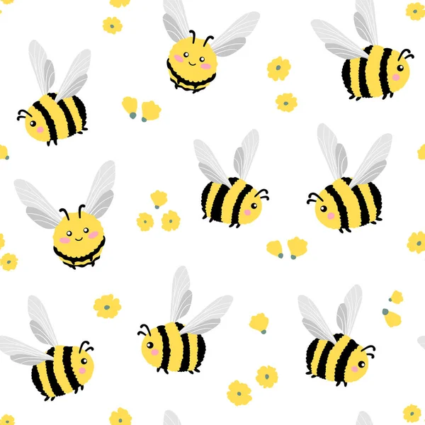 Modèle sans couture des abeilles volantes. Abeilles de dessin animé et fleurs sur un fond blanc. Illustration vectorielle plate. — Image vectorielle