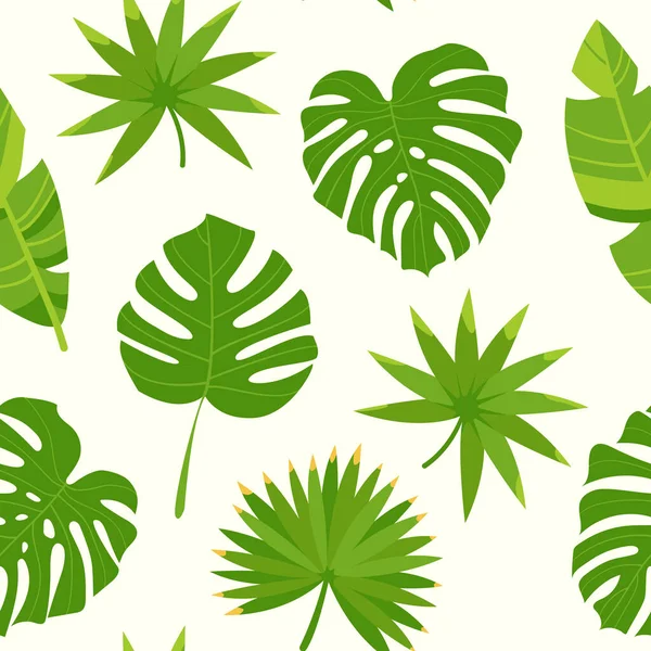 Seamless pattern from tropical leaves on a light background. Exotic jungle leaves, banana, monstera, palm leaves, livistona. Vector illustration. — Vector de stock