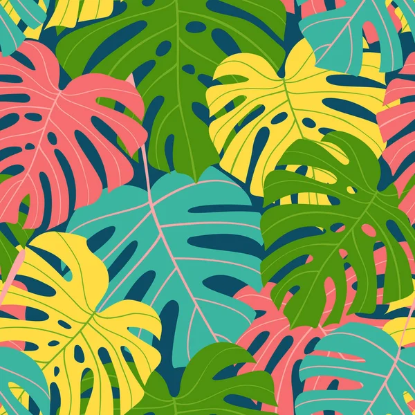 Colorful seamless pattern of tropical leaves on a dark background. Exotic multicolored monstera leaves. Vector illustration. — Stok Vektör