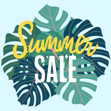 Summer sale banner with tropical monstera leaves. Discount template with exotic leaves on a blue background. Vector illustration. 