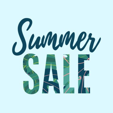 Yaz indirimi afişi. Tropikal yapraklı bir mesaj Monstera, palmiyeler. Mavi arka planda egzotik yapraklı indirim şablonu. Vektör illüstrasyonu.