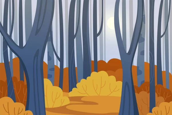 Paysage forestier d'automne avec arbres et buissons. Forêt en automne aux couleurs bleu et jaune. Illustration vectorielle simple dans un style plat. — Image vectorielle