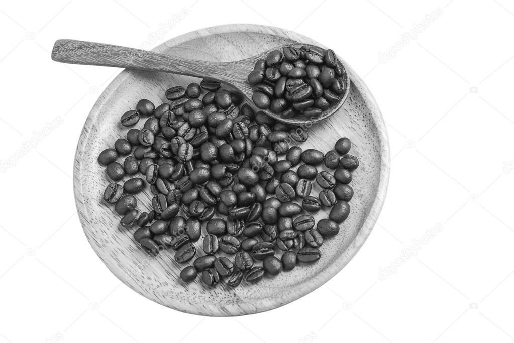 coffee bean in wood plate,Monochrome, Clipping path