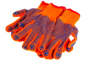 Orange work gloves for construction works are on white backgroun