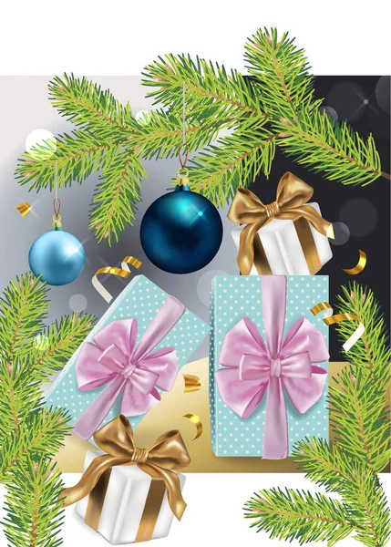 Print Cover Boekje Kerstmis Nieuwjaar Cadeautjes Sparren Takken Vakantie Kerstversiering — Stockvector