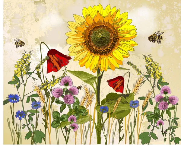 Печать Винтажные Бумажные Цветы Пчелы Винтажная Бумага Цветы Пчелы Полевые — стоковый вектор