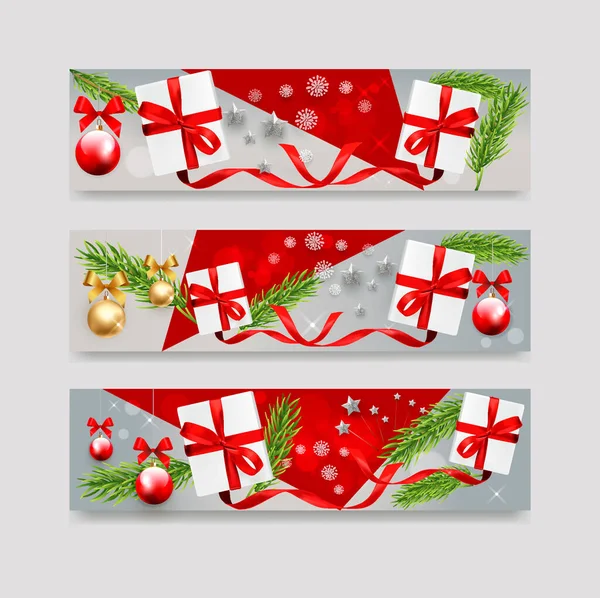 Banner Geschenken Chistmas Geschenken Banner Mooie Banner Kerstspeelgoed Grijze Achtergrond — Stockvector