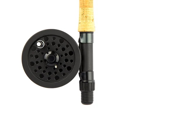 Fly Fishing Rod Handle e carretel de mosca no fundo branco — Fotografia de Stock