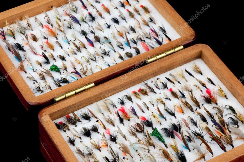 Trout Fishing Flies in Old Wooden Fly Box — Stock Photo