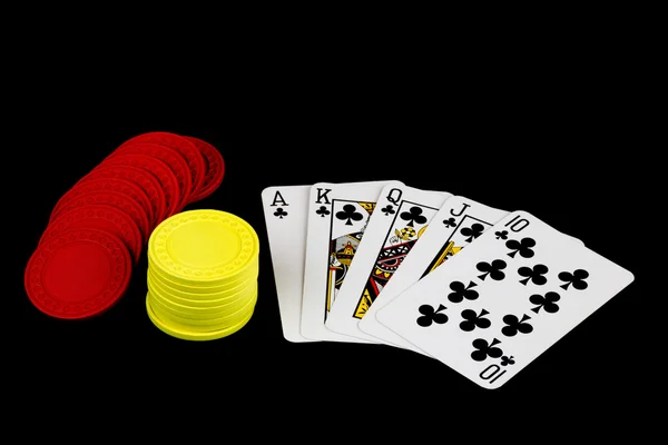 Playing Cards and Poker Chips on Black Background — Stock Photo, Image