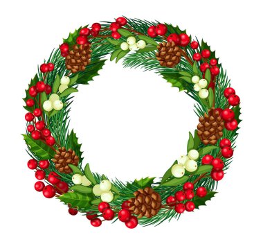 Çizgi film tarzında ökseotu olan Noel çelengi. Noel çelengi, kozalak, kutsal yapraklar, böğürtlenli dallar, ökseotu, beyaz arka planda izole edilmiş..