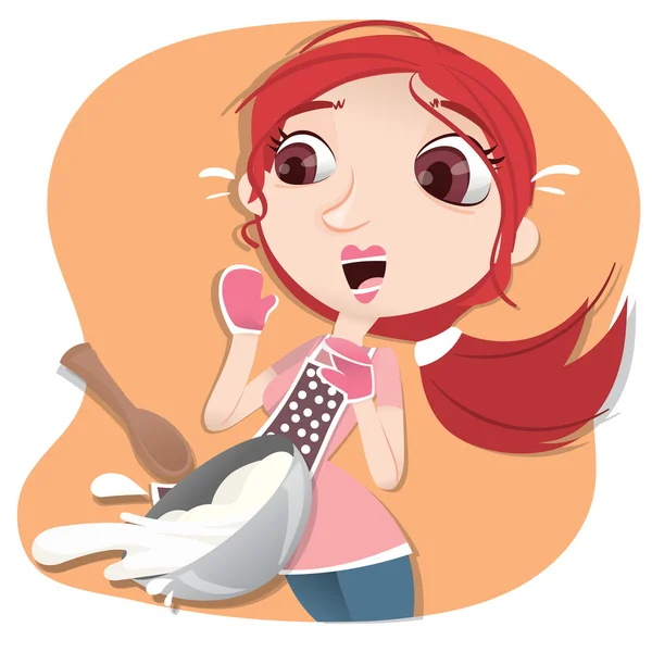 Girl having little accident while cooking. — Stock Vector