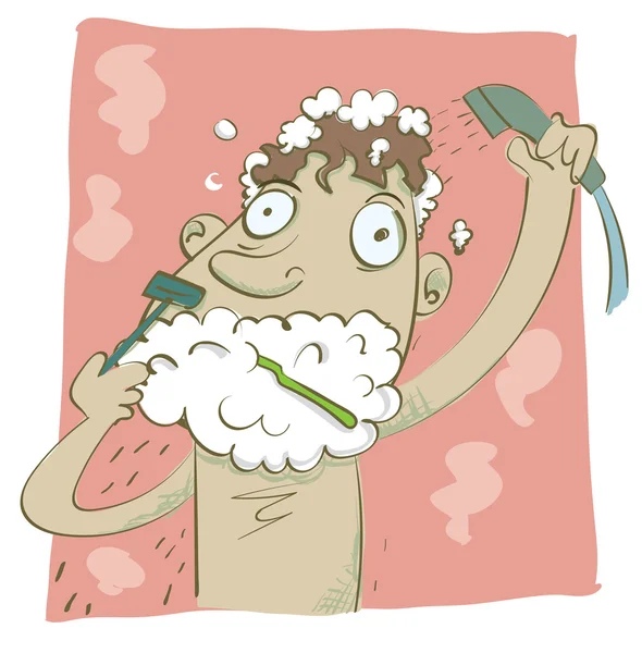 Homme se dépêcher le matin se raser et se doucher en même temps . — Image vectorielle
