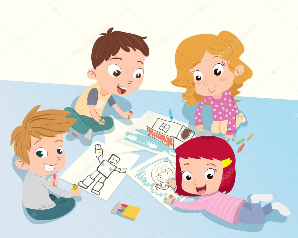 Gruppo del fumetto dei bambini disegno con matite colorate insieme — Vettoriali di yaistantine live