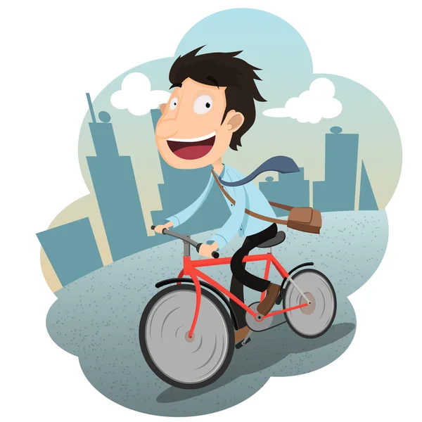 Cartoon happy businessman riding bicycle to work — ストックベクタ