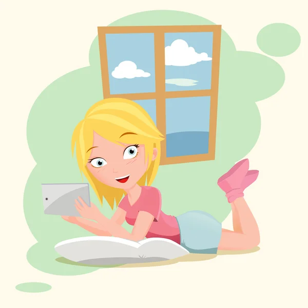 Girl lying and using tablet — 图库矢量图片