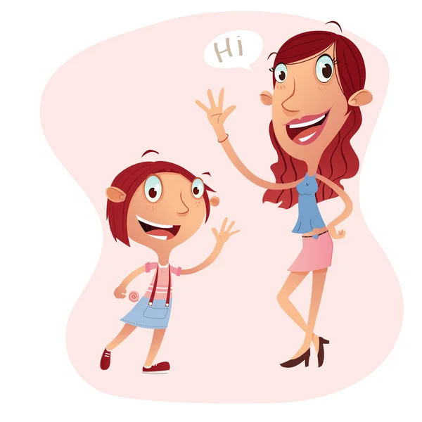 Menina e mulher desenho animado personagem ilustração —  Vetores de Stock