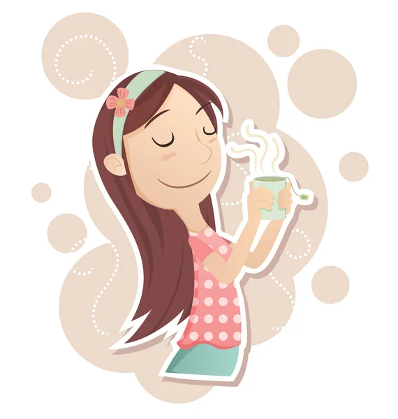 Chica inhalar el aroma del té — Vector de stock