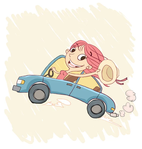 Chica feliz conduciendo un coche — Vector de stock