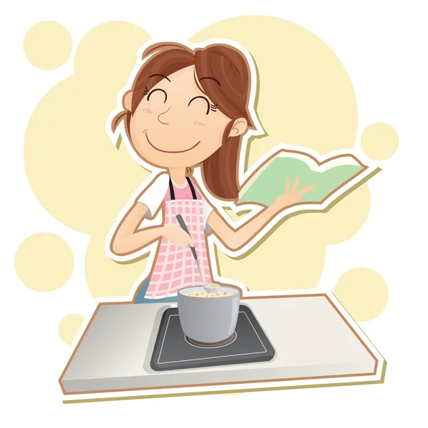 Mujer cocinando con libro de cocina — Vector de stock