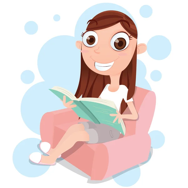 Pige sidder på sofaen og læser en bog – Stock-vektor