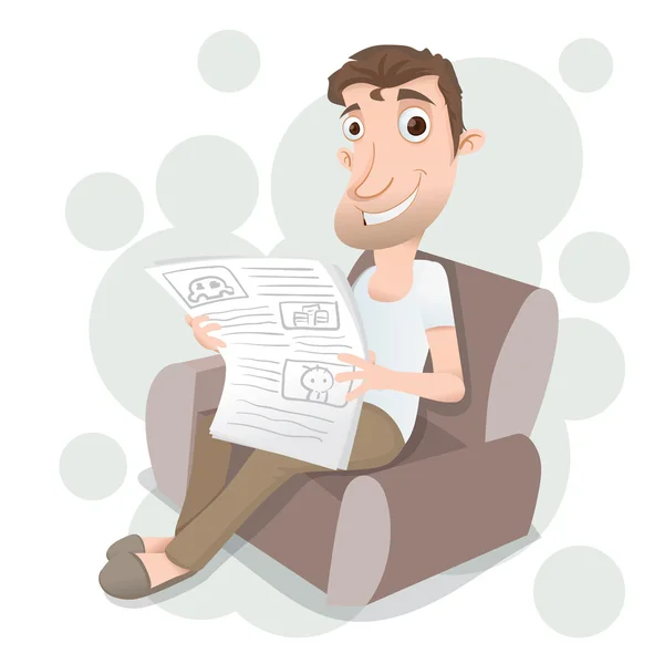 Mann sitzt auf Sofa und liest Zeitung — Stockvektor