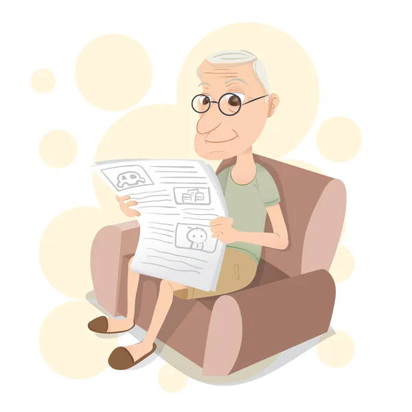 Старик сидит на диване и читает газету Стоковая Иллюстрация
