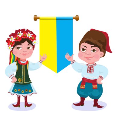 Ukraynalılar. Erkek ve kadın bir bayrak karşı.