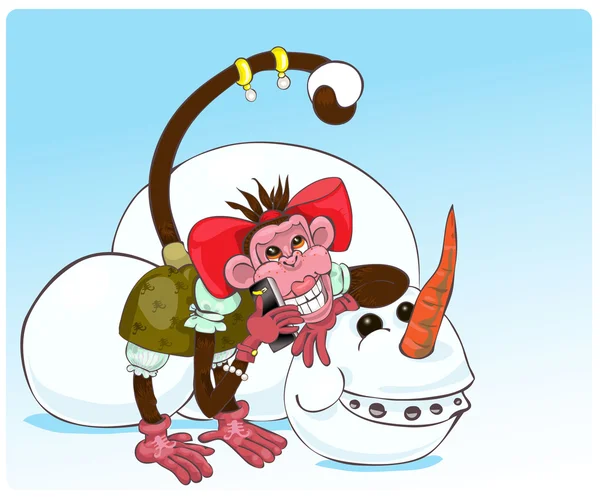 Mono y muñeco de nieve — Archivo Imágenes Vectoriales