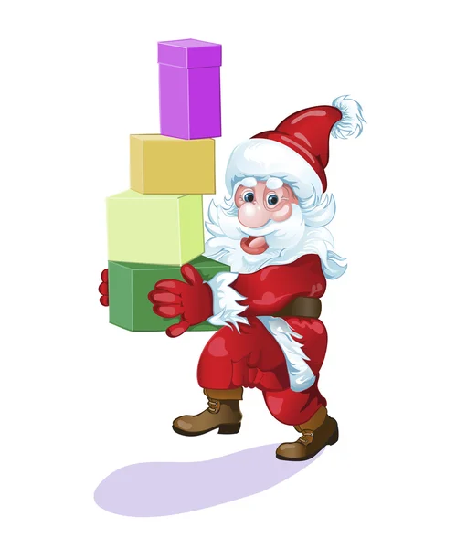 Weihnachtsmann eilt mit schönen Geschenken zu den Freunden. — Stockvektor