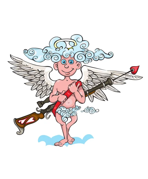 Divertido pequeño Cupido apuntando a alguien. Ilustración de un día de San Valentín. Vector . — Archivo Imágenes Vectoriales