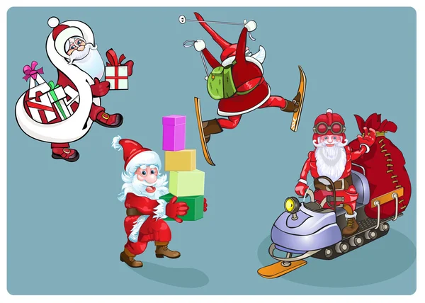 Čtyři Santa na skútry, skútr, s dárky. — Stockový vektor
