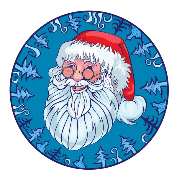 Köknar ağaçlarından mavi bir daire içinde neşeli Noel Baba. — Stok Vektör