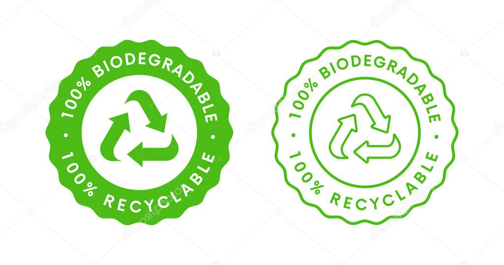 Biodegradable label sign vector design. 100 precent Bio Recycling and Degradable Icon.