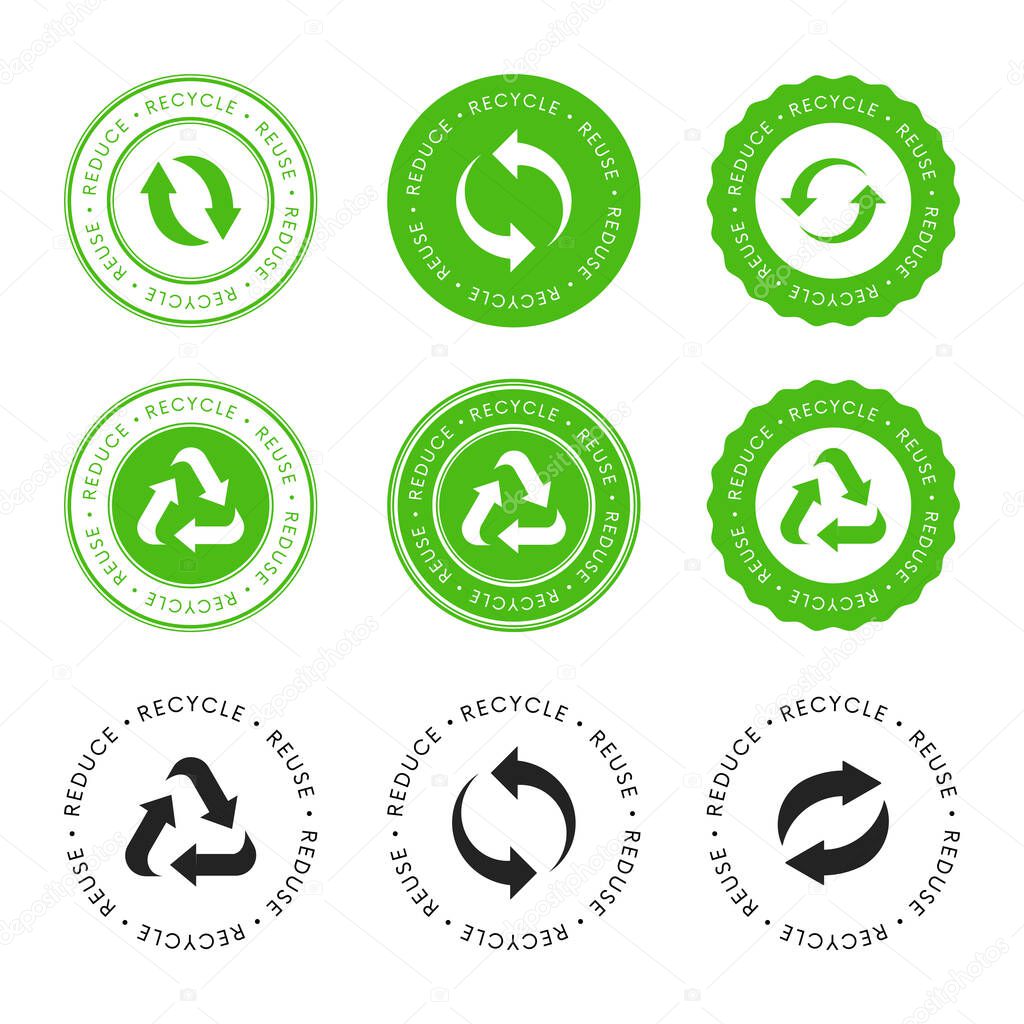 Collection Of Eco stickers. Recycle Reuse Reduce lablel icons. Bio recycled sign. Package packet logo.