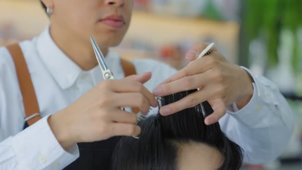 Обрізати Волосся Ножицями Обрізаючи Волосся Професійні Перукарі Дизайну Волосся Костюмеру — стокове відео