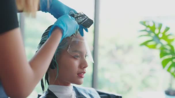 Asian Professional Female Beautician Dyeing Young Beautiful Girl Hair Customer — Stock Video