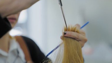 Ağır çekim. Berber, saçın uçlarını biçmek için makas kullanır. Güzellik salonundaki kuaför, tarak, boya, çamaşır, saç kurutma makinesi ve saç kesimi. Güzellik salonu fikri ya da berber dükkanı..